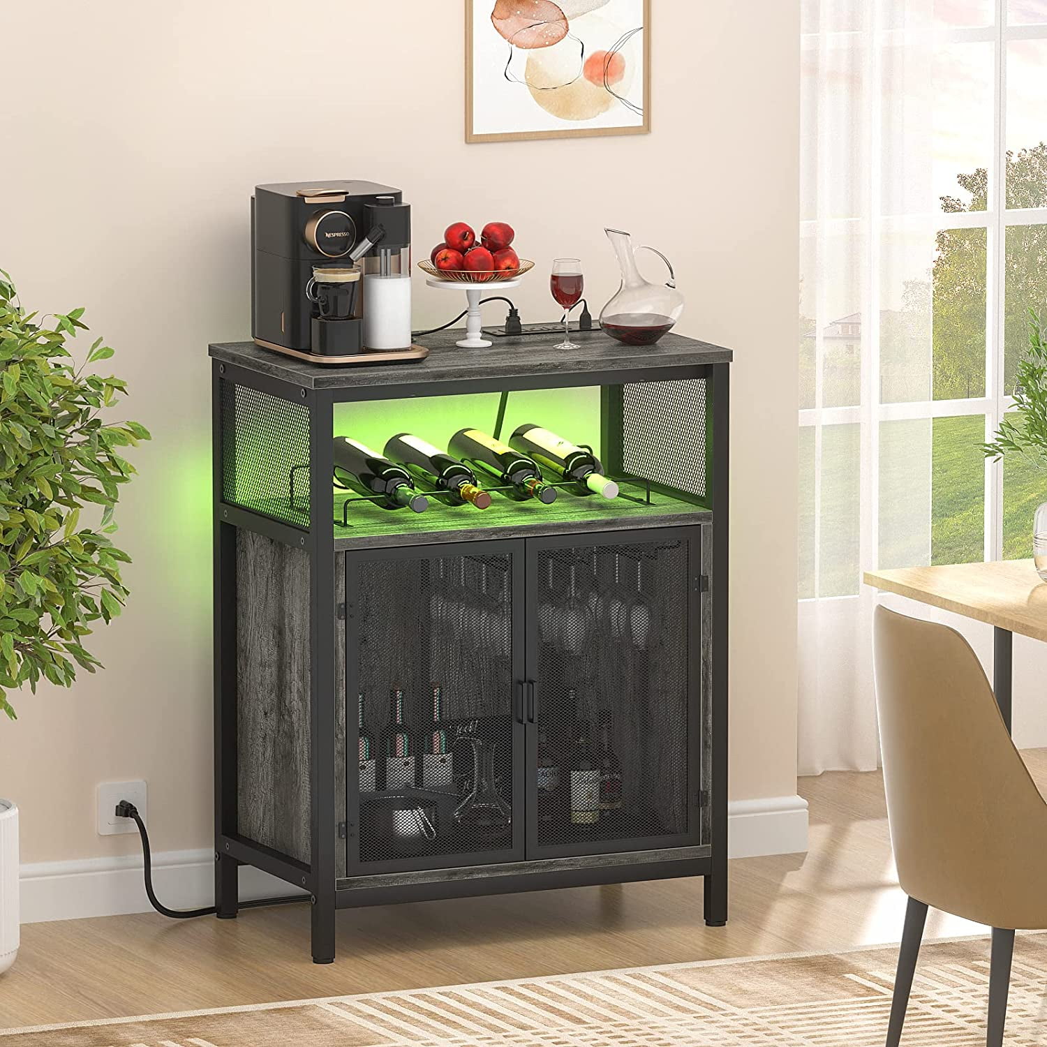 iSunirm Modern Wine Bar Cabinet with RGB LED Light \u0026 Power Outlet, Freestanding Wine Rack Table, Glass Holder, Floor Bar Cabinet for Kitchen, Dining Room, or Home Bar, Black Oak