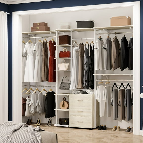iSunirm New Closet System with Drawers, 96'' Walk In Closet Organizer System with Shelves, Clothes Hanging Rack with 5 Hanging Rods, Heavy Duty Wall Mounted Wardrobe Garment Rack, White Oak