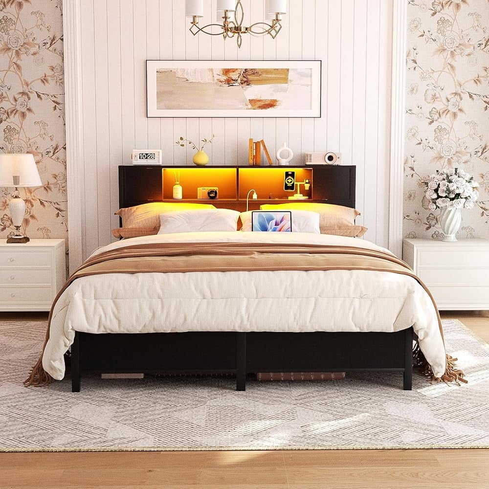 iSunirm Queen Size Platform Bed Frame with LED Lights, Storage Headboard and Charging Station, Steel Slat Support, Noise Free, No Box Spring Needed, Easy Assembly, Black