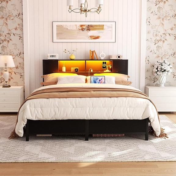 iSunirm Queen Size Platform Bed Frame with LED Lights, Storage Headboard and Charging Station, Steel Slat Support, Noise Free, No Box Spring Needed, Easy Assembly, Black