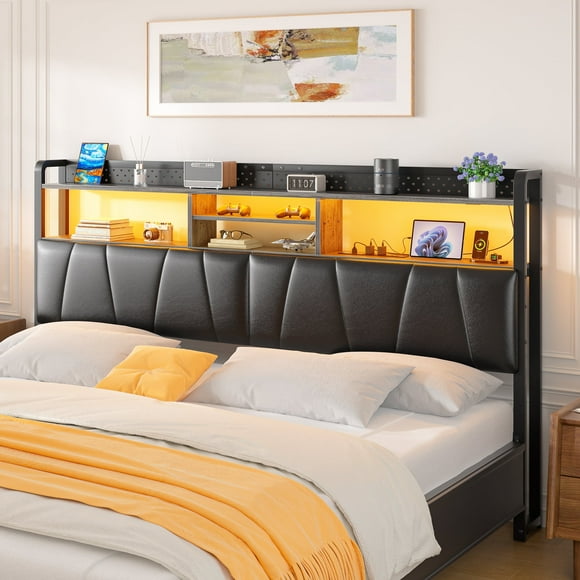 iSunirm Queen Size Upholstered Headboard with Power Outlets, USB Ports & RGB LED Light, Comfy Leather Headboards with Storage Shelf, Sturdy Queen Bed Headboard for Bedroom/Dorm Room, Black Oak
