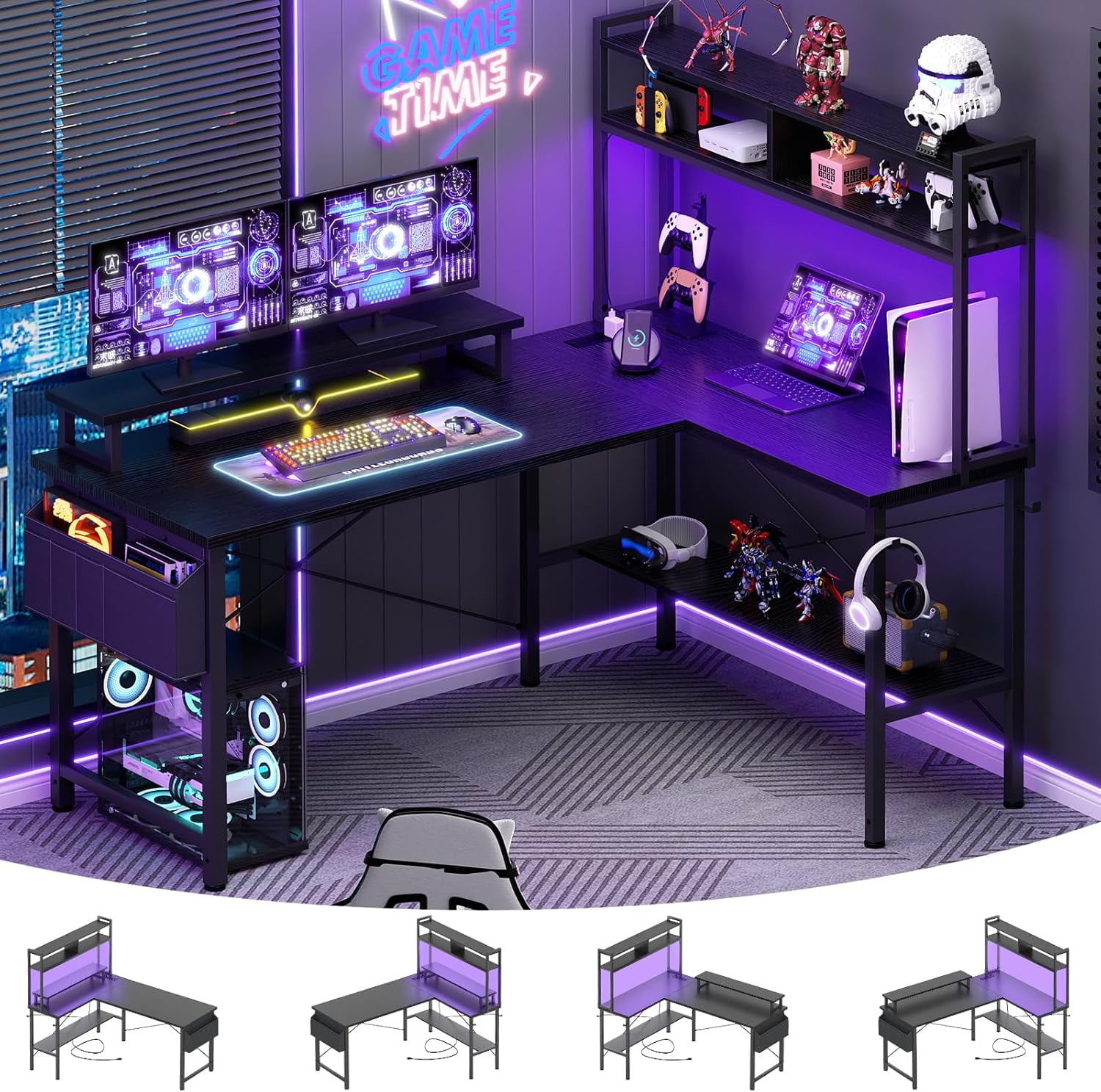iSunirm Reversible L Shaped Gaming Desk with LED Lights & Power Outlets, 49'' Small L Shaped Computer Corner Desk with Monitor Stand and Storage Shelf, for Home & Office, Black