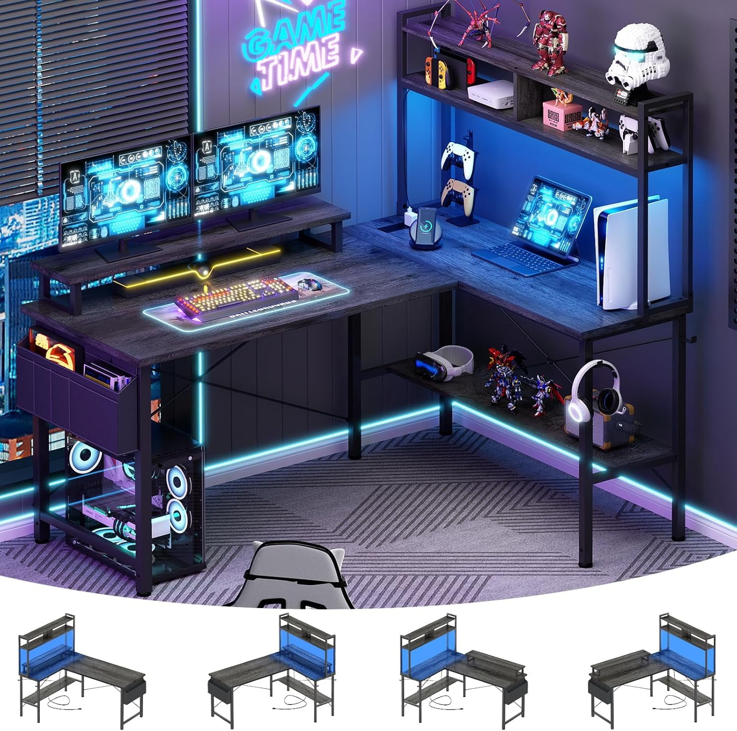 iSunirm Reversible L Shaped Gaming Desk with LED Lights & Power Outlets, 49'' Small L Shaped Computer Corner Desk with Monitor Stand and Storage Shelf, for Home & Office, Black Oak