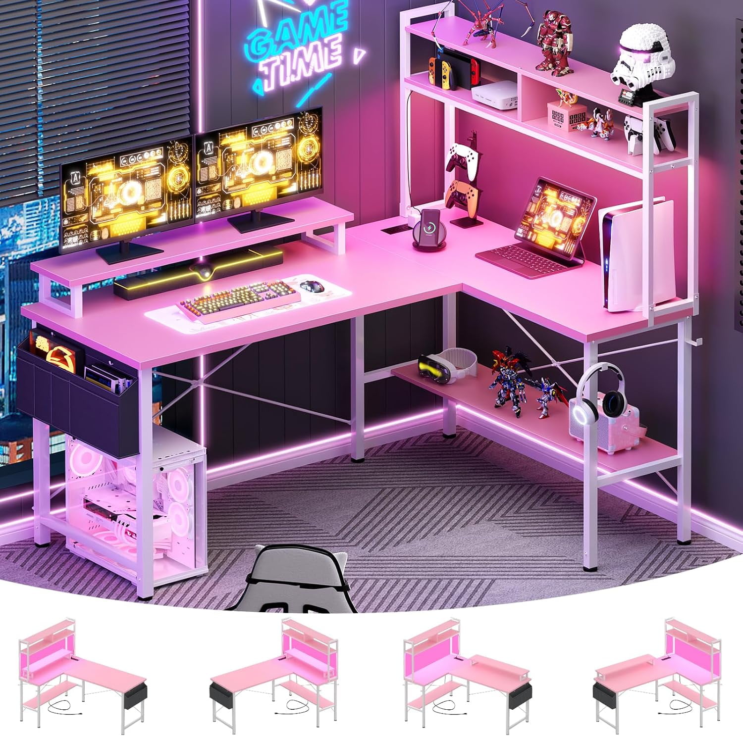 iSunirm Reversible L Shaped Gaming Desk with LED Lights & Power Outlets, 49'' Small L Shaped Computer Corner Desk with Monitor Stand and Storage Shelf, for Home & Office, Pink