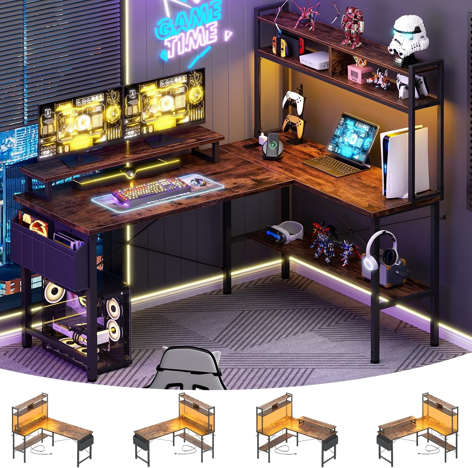 iSunirm Reversible L Shaped Gaming Desk with LED Lights & Power Outlets, 49'' Small L Shaped Computer Corner Desk with Monitor Stand and Storage Shelf, for Home & Office, Rustic Brown