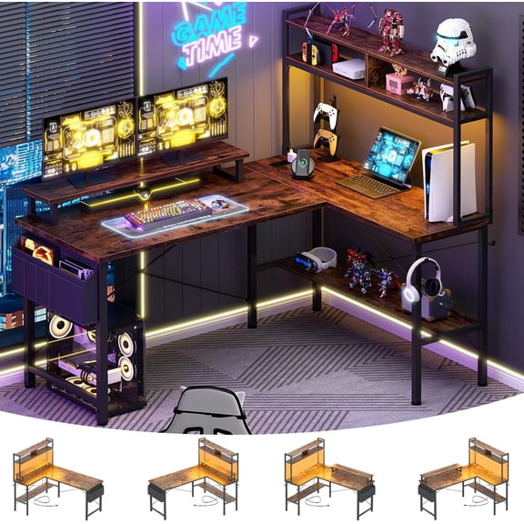 iSunirm Reversible L Shaped Gaming Desk with LED Lights & Power Outlets, 49'' Small L Shaped Computer Corner Desk with Monitor Stand and Storage Shelf, for Home & Office, Rustic Brown