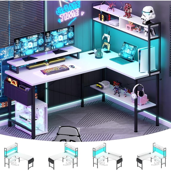 iSunirm Reversible L Shaped Gaming Desk with LED Lights & Power Outlets, 49'' Small L Shaped Computer Corner Desk with Monitor Stand and Storage Shelf, for Home & Office, White
