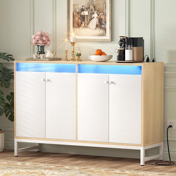 iSunirm Sideboard Buffet Cabinet with Power Outlet, 4 Doors Storage Sideboard with LED Lights for Dining/Kitchen, Nature
