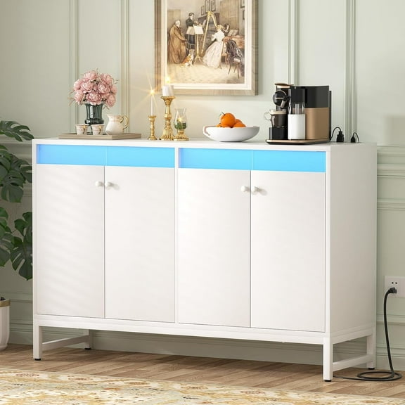 iSunirm Sideboard Buffet Cabinet with Power Outlet, 4 Doors Storage Sideboard with LED Lights for Dining/Kitchen, White