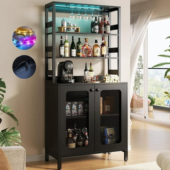 iSunirm Tall Wine Bar Cabinet with LED Light and Power Strip, 67'' Standing Liquor Cabinet with Door & Glass Holder, Coffee Bar Cabinet, Bakers Rack Cabinet, for Living Room, Kitchen, Balck