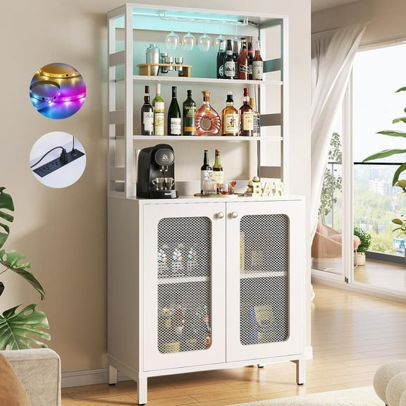 iSunirm Tall Wine Bar Cabinet with LED Light and Power Strip, 67'' Standing Liquor Cabinet with Door & Glass Holder, Coffee Bar Cabinet, Bakers Rack Cabinet, for Living Room, Kitchen, White