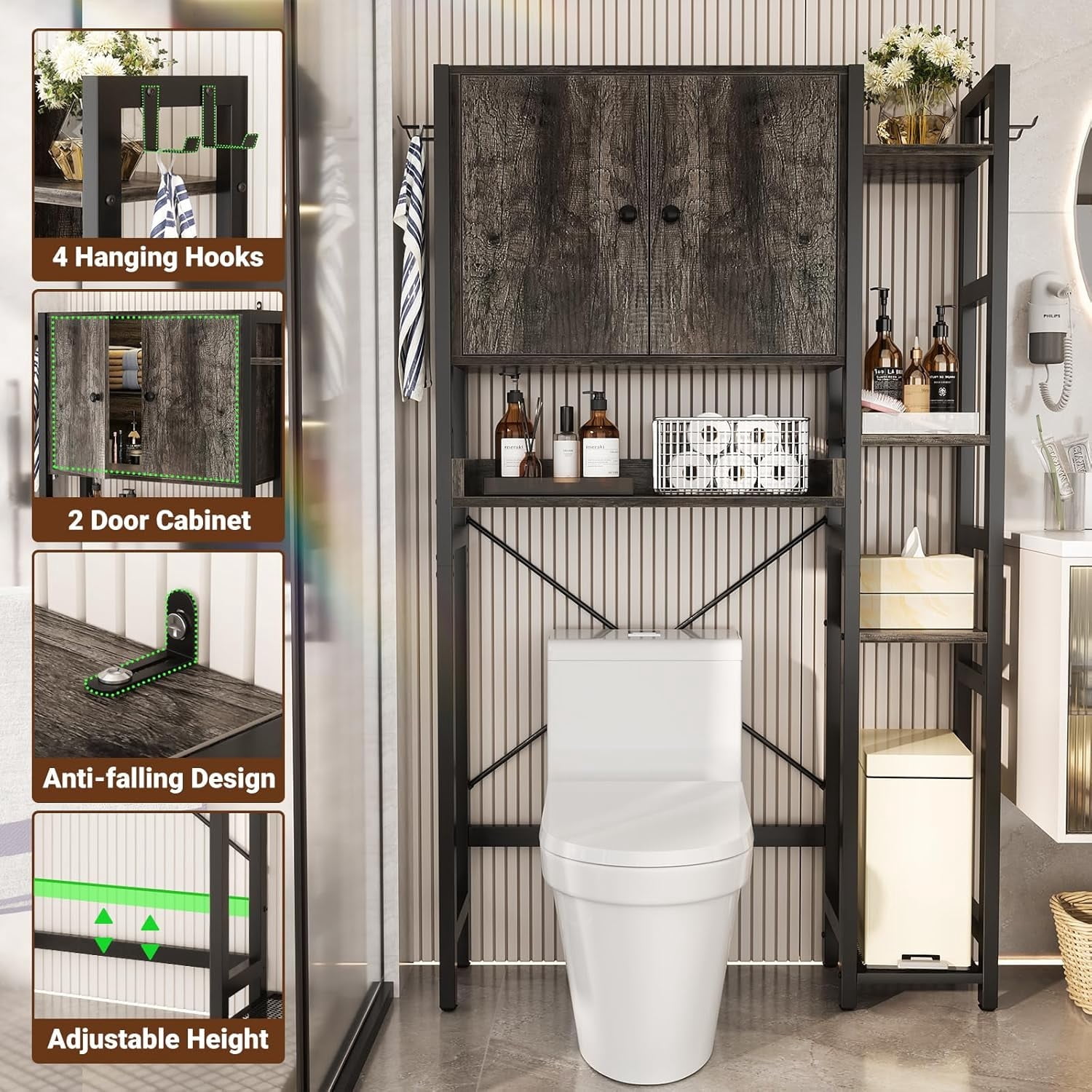 iSunirm Over The Toilet Storage Cabinet with Doors, 7 Tier Freestanding Bathroom Organizer with Adjustable Shelf & 4 Hooks for Bathroom, Restroom, Laundry, Black Oak