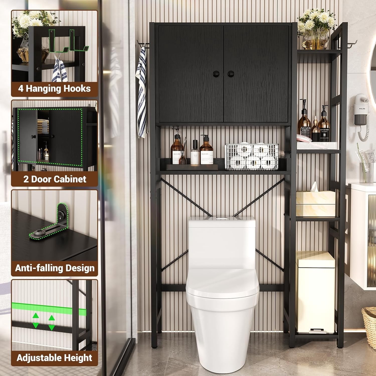 iSunirm Over The Toilet Storage Cabinet with Doors, 7 Tier Freestanding Bathroom Organizer with Adjustable Shelf & 4 Hooks for Bathroom, Restroom, Laundry, Black