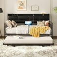 thumbnail image 1 of iSunirm Twin Daybed with Upholstered Headboard and Power Outlets, Day Bed with Trundle, Sturdy Metal Pop-up Trundle Bed for Living Room, Guest Room, 74.8" Length, Black, 1 of 7