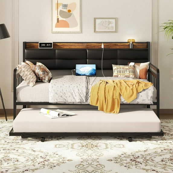 iSunirm Twin Daybed with Upholstered Headboard and Power Outlets, Day Bed with Trundle, Sturdy Metal Pop-up Trundle Bed for Living Room, Guest Room, 74.8" Length, Rustic Brown