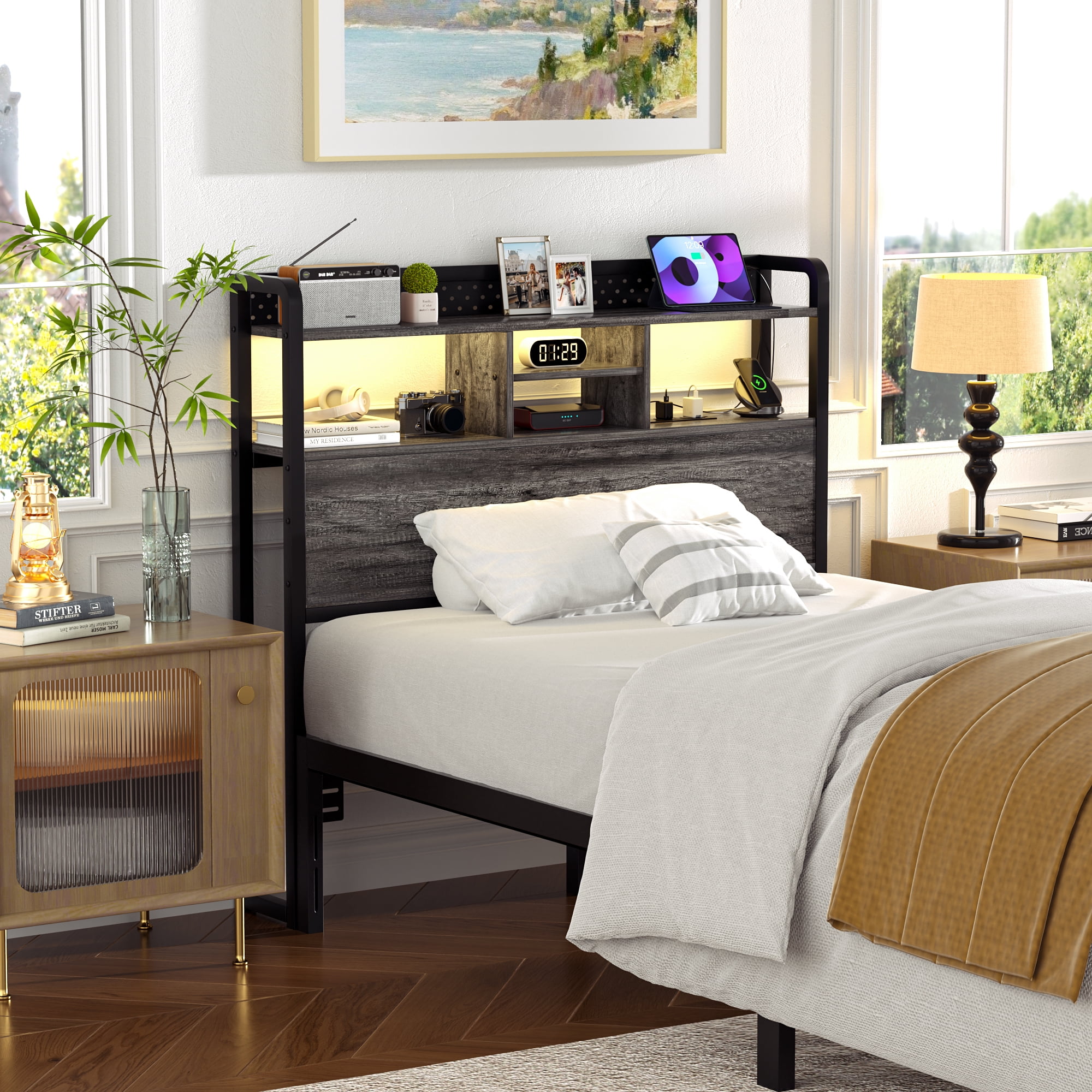 iSunirm Twin Headboard Only, Headboard for Twin Size Bed with Outlets and Storage, Bookcase Headboard with LED Lights, Height Adjustable, Sturdy and Easy Assembly, Black Oak