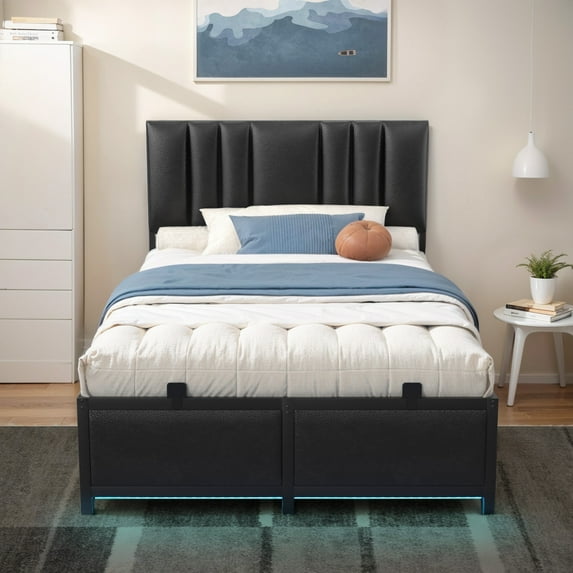 iSunirm Twin Size Platform Bed Frame Basic Type with 3 Height Adjustable Headboard, Upholstered Leather, LED Light & Charging Station, Stable Metal Frame Support, Black