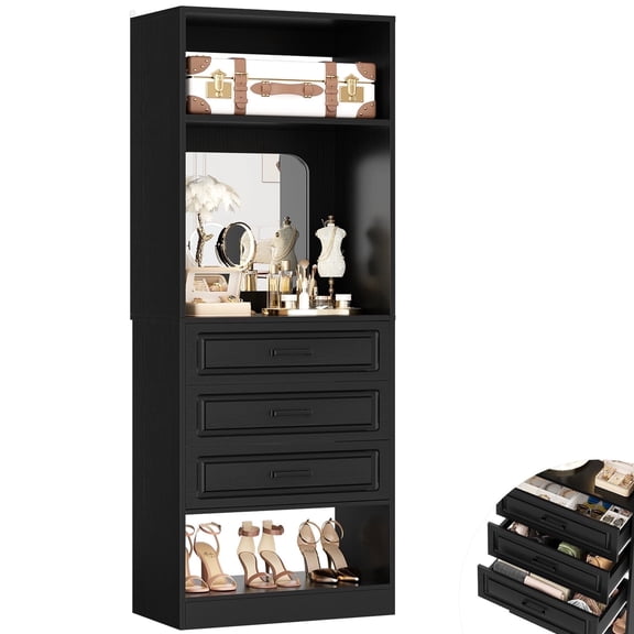 iSunirm 23.6'' Wardrobe Closet with 3 Drawers and Shelves, Freestanding Open Wardrobe Closet Tower with Mirror for Bedroom, Walk-in Closet, Black