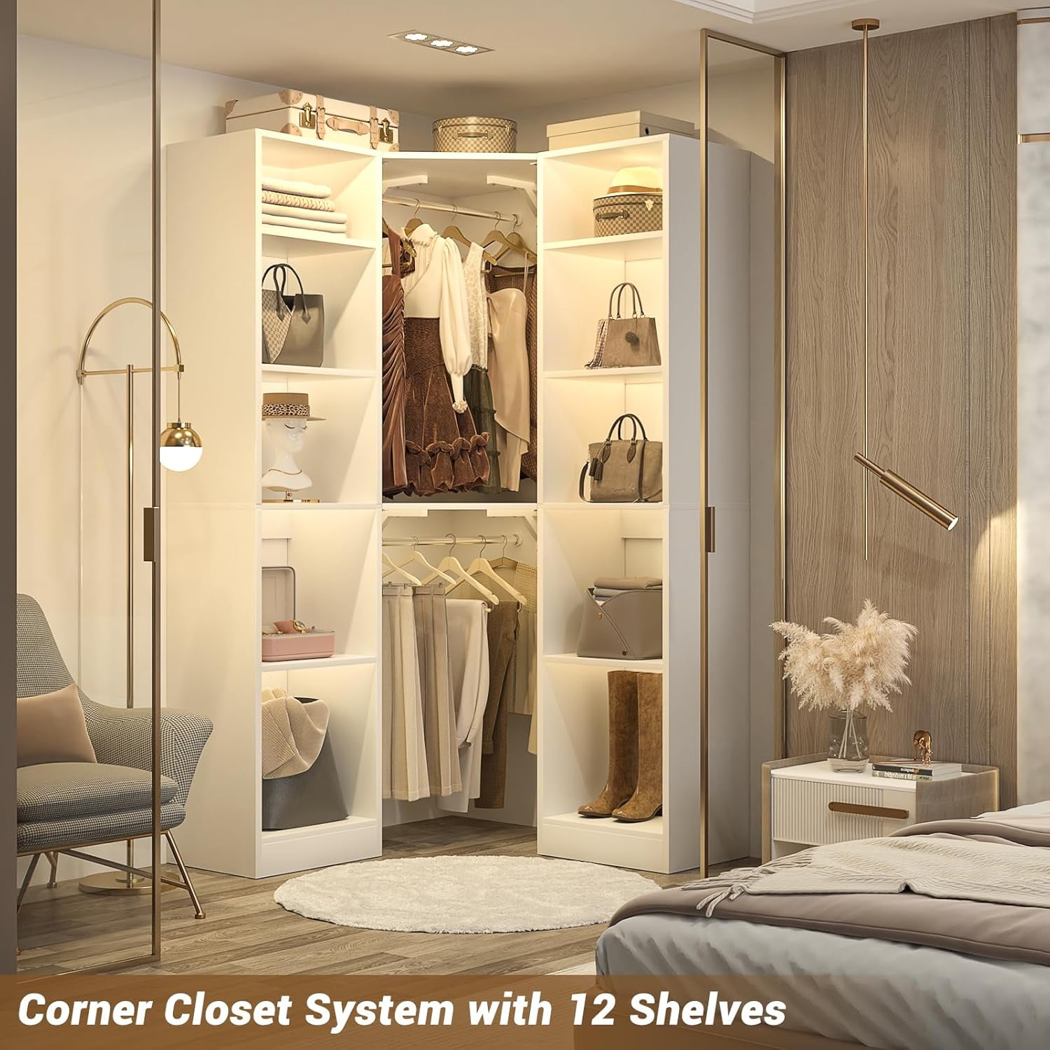 iSunirm Upgraded Corner Closet System with 12 Storage Shelves 40 Freestanding Corner Closet Organizer System with 2 Hanging Rods 6 tier Walk In
