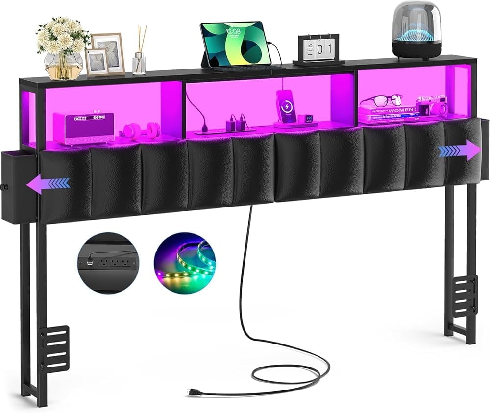 iSunirm Upholstered Twin Headboard with Hidden Drawer Storage, Queen Size Bed Headboard with Power Outlet and LED Light, Free Standable, Sturdy and Stable Meta Frame, Noisy Free, Black