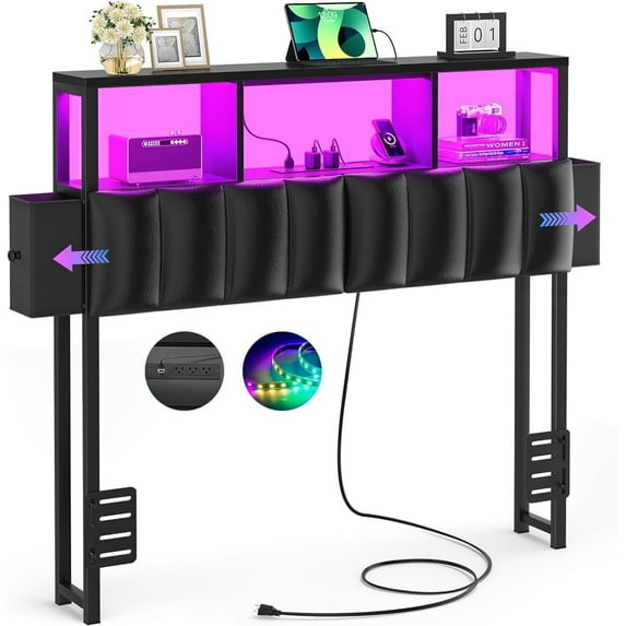 iSunirm Upholstered Twin Headboard with Hidden Drawer Storage, Twin Size Bed Headboard with Power Outlet and LED Light, Free Standable, Sturdy and Stable Meta Frame, Noisy Free,Black