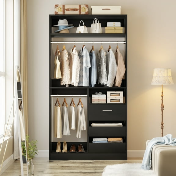 iSunirm Walk-in Closet System with 3 Wooden Drawers, 36" Standing Wardrobe Closet with 2 Hanging Rods and Shelves, Wardrobe Closet for Bedroom, Living Room, 36"L x 80"H x 16"W, Black