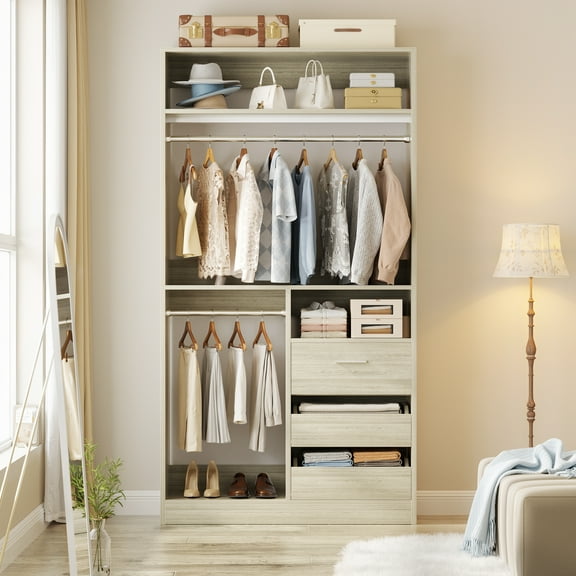 iSunirm Walk-in Closet System with 3 Wooden Drawers, 36" Standing Wardrobe Closet with 2 Hanging Rods and Shelves, Wardrobe Closet for Bedroom, Living Room, 36"L x 80"H x 16"W, White Oak
