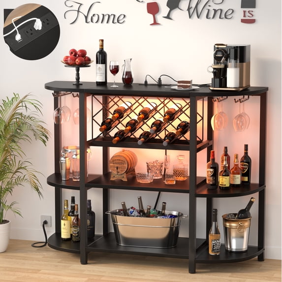 iSunirm 3-Tier Wine Bar Cabinet with Power Outlets and LED Lights, Bar Table Coffee Bar with Glass Holder & Liquor Storage Rack for Kitchen, Living Room, Black