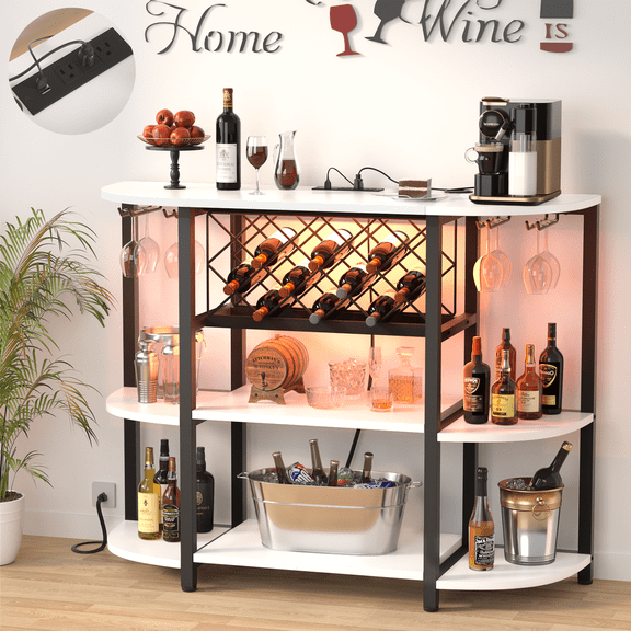 iSunirm 3-Tier Wine Bar Cabinet with Power Outlets and LED Lights, Bar Table Coffee Bar with Glass Holder & Liquor Storage Rack for Kitchen, Living Room, White