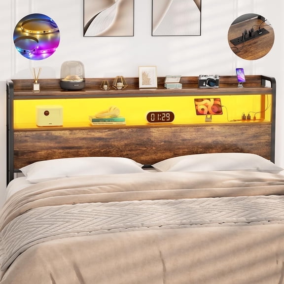 iSunrim Headboard for Full Size Bed Frame, Headboard with Charging Station, USB Ports and LED Light, Headboard with Storage, Height Adjustable, Full Size, Rustic Brown