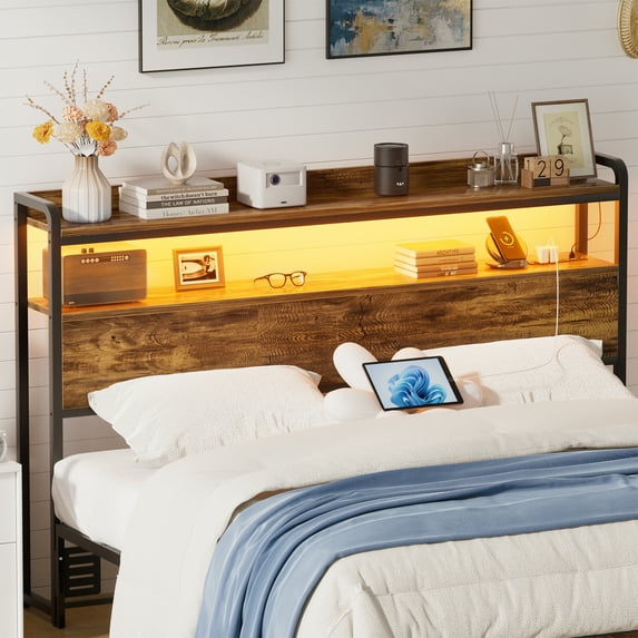 iSunrim Headboard for Full Size Bed Frame, Headboard with Charging Station, USB Ports and LED Light, Headboard with Storage, Height Adjustable, Full Size, Rustic Brown