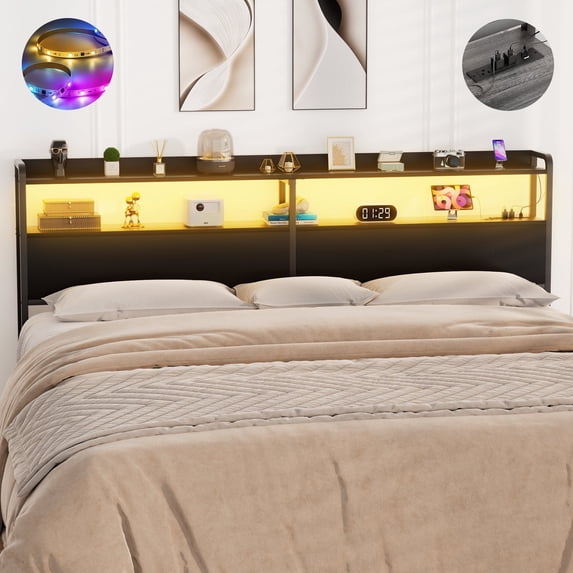 iSunrim Headboard for King Size Bed Frame, Headboard with Charging Station, USB Ports and LED Light, Headboard with Storage, Height Adjustable, King Size, Black