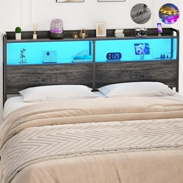 iSunrim Headboard for Queen Size Bed Frame, Headboard with Charging Station, USB Ports and LED Light, Headboard with Storage, Height Adjustable, Queen Size, Black Oak