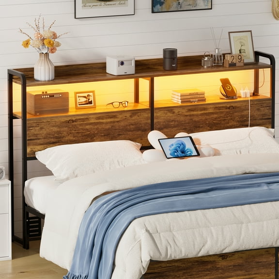 iSunrim Headboard for Queen Size Bed Frame, Headboard with Charging Station, USB Ports and LED Light, Headboard with Storage, Height Adjustable, Queen Size, Rustic Brown