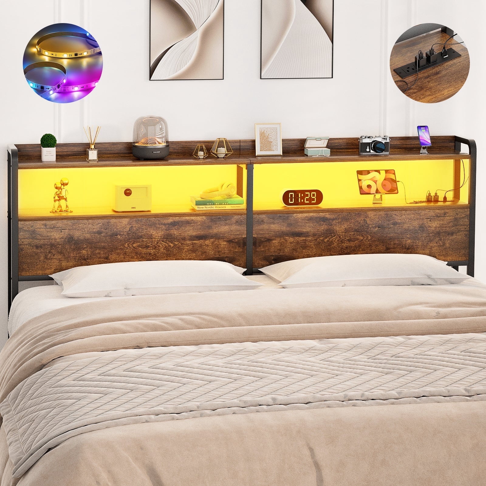 iSunrim Headboard for Queen Size Bed Frame, Headboard with Charging Station, USB Ports and LED Light, Headboard with Storage, Height Adjustable, Queen Size, Rustic Brown