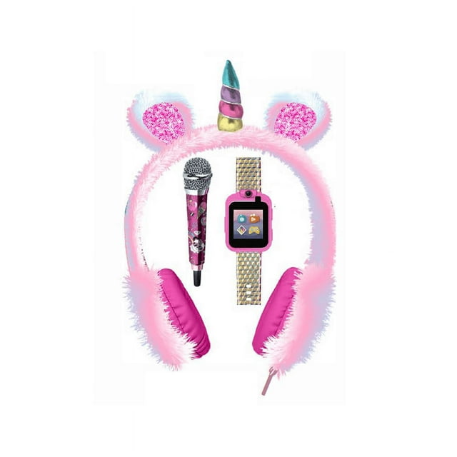 iTECH Jr Kids Smartwatch With Mini Mic & Headphones, Iridescent Strap, Faux Fur/Unicorn Headphones