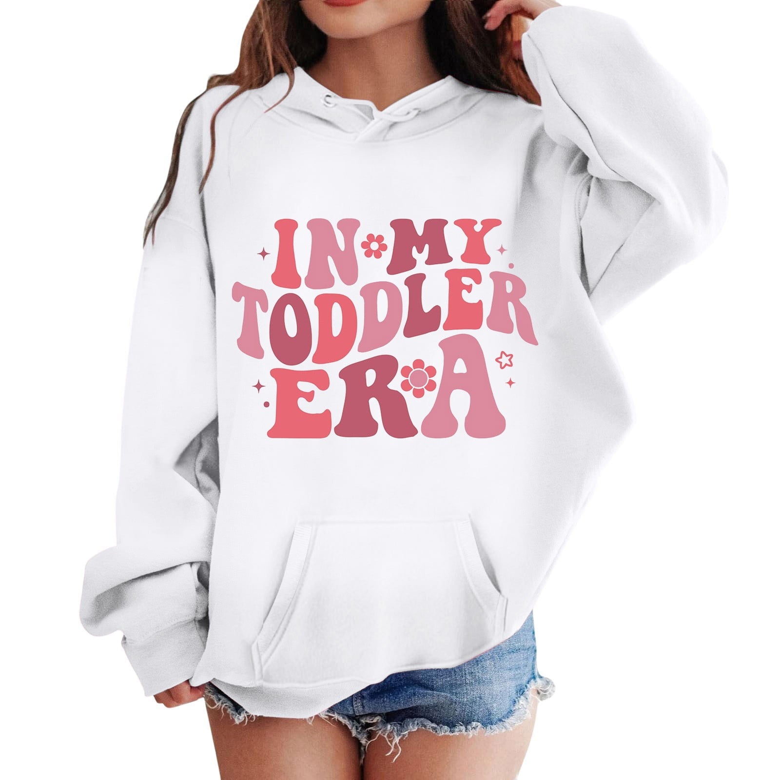 Natilene Girls White Peach Geometric Printed Hooded Sweatshirt