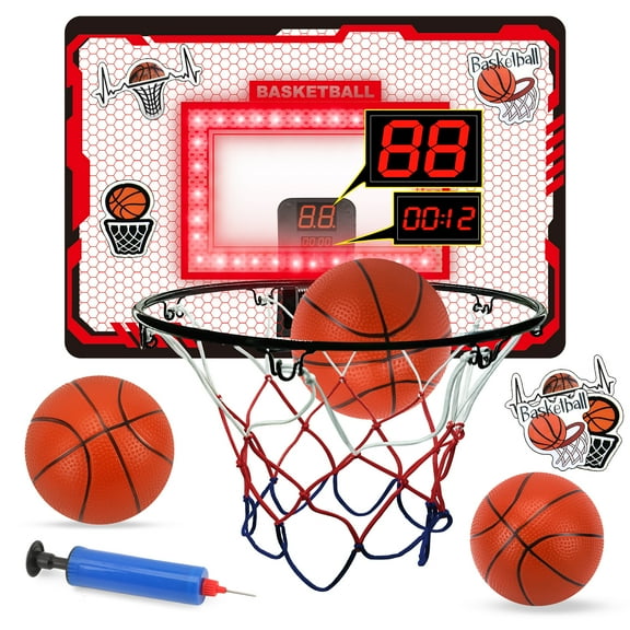 iTOYiFUN Indoor Basketball Hoop for Kids with 3 Balls & Electronic Scoreboard & LED Light,Over The Door Basketball Hoops , Mini Basketball Goals , Christmas Toys Gifts for Boys Red