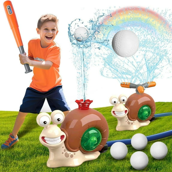 iTOYiFUN Water Sprinkler Baseball Toy - 2 in 1 Snail Water Baseball Wiffle Ball Water Sprinkler, Water Outside Toy with 2 Sprinkler Heads, 360° Roating Spray Game Summer Backyard Pool Party Fun