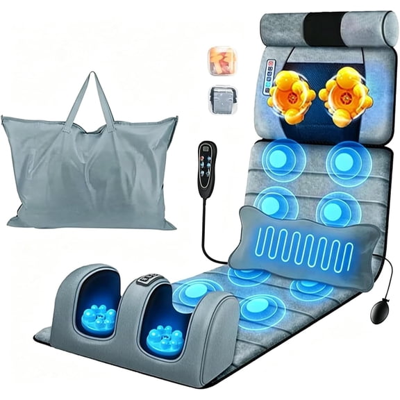 iTeafcom Full Body Massage Mat with Heat, Electric Heated Massage Pad Cushion w/Vibration for Back/Neck/Foot, Detachable Head Pillow, Timer Function