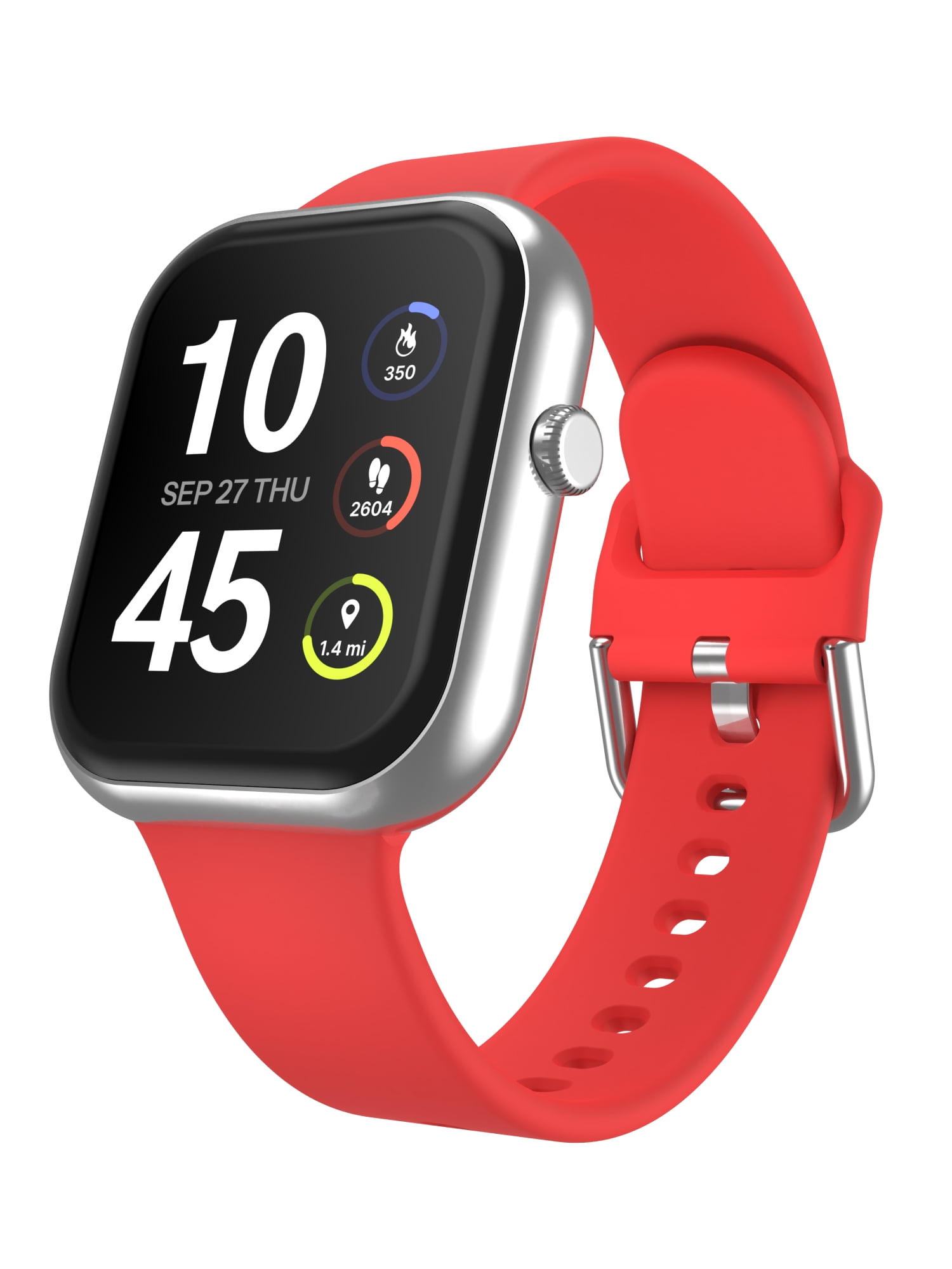 iTech Fusion 4 Unisex Adult Rectangular Smart Watch, Silver, Red Silicone Strap