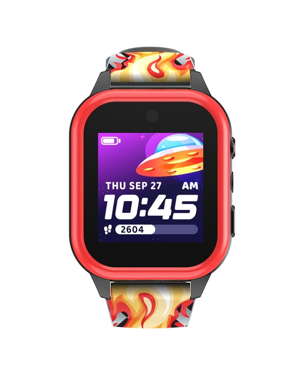 iTech Jr. 4 Kids Boys' Smartwatch with Camera, Audiobooks, and Games – Gray Case with Gray-Black Red Flame Strap