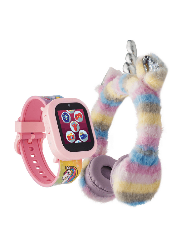 iTech Jr Childrens Girls Fuzzy Unicorn Silicone Strap Smartwatch with Bluetooth Headphones