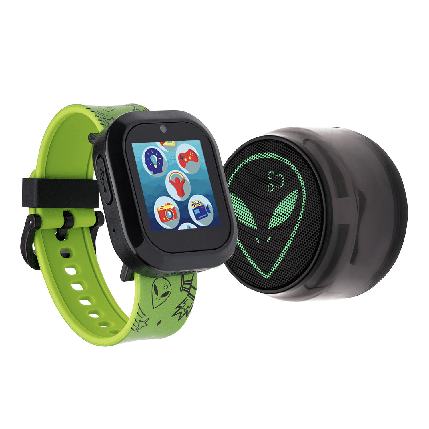 iTech Jr Kids Boys Alien Silicone Strap Smartwatch and Glow in the Dark  Bluetooth Speaker