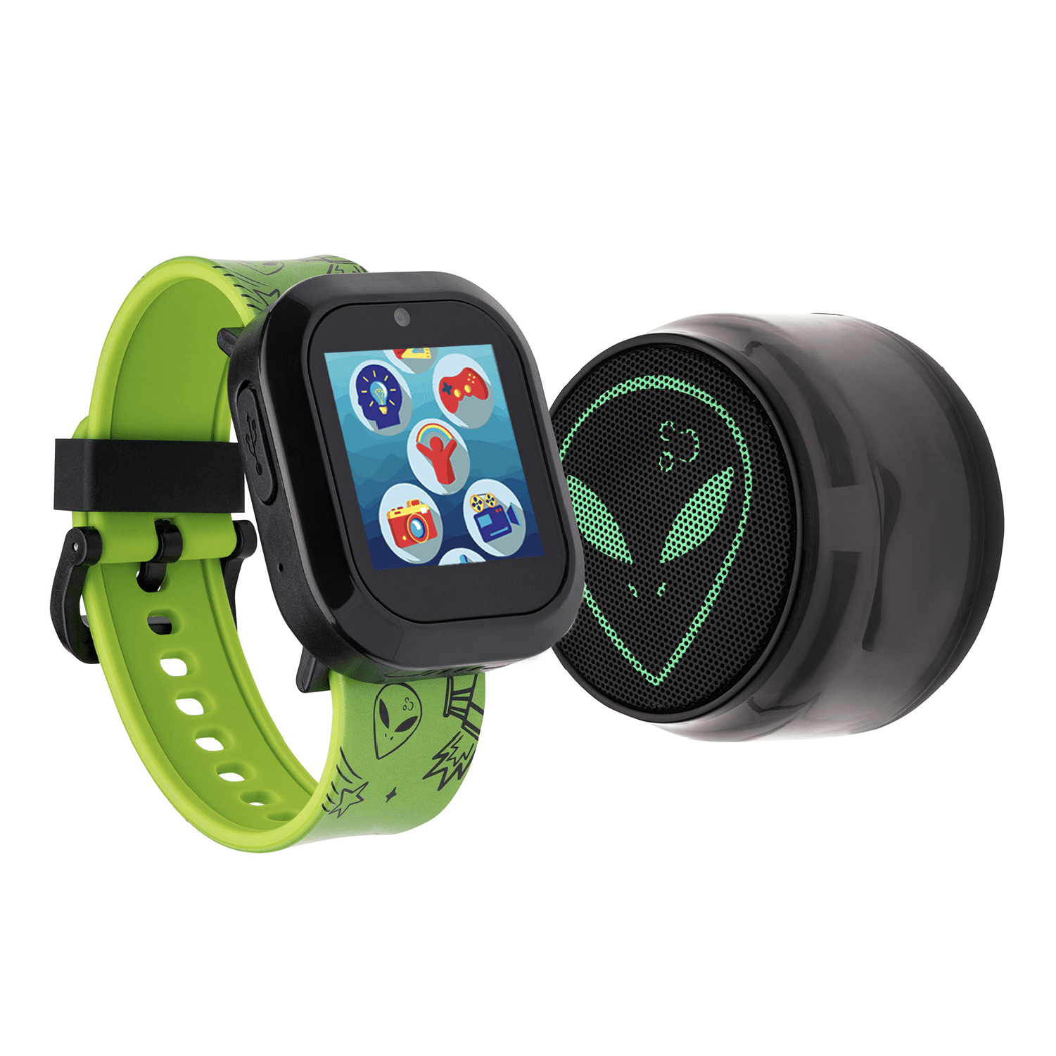 iTech Jr Kids Boys Alien Silicone Strap Smartwatch and Glow in the Dark Bluetooth Speaker