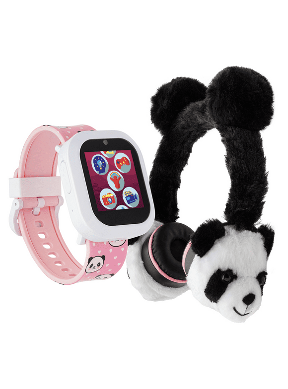 iTech Jr Kids Girls Fuzzy Black White Panda Smartwatch with On Ear Bluetooth Headphones