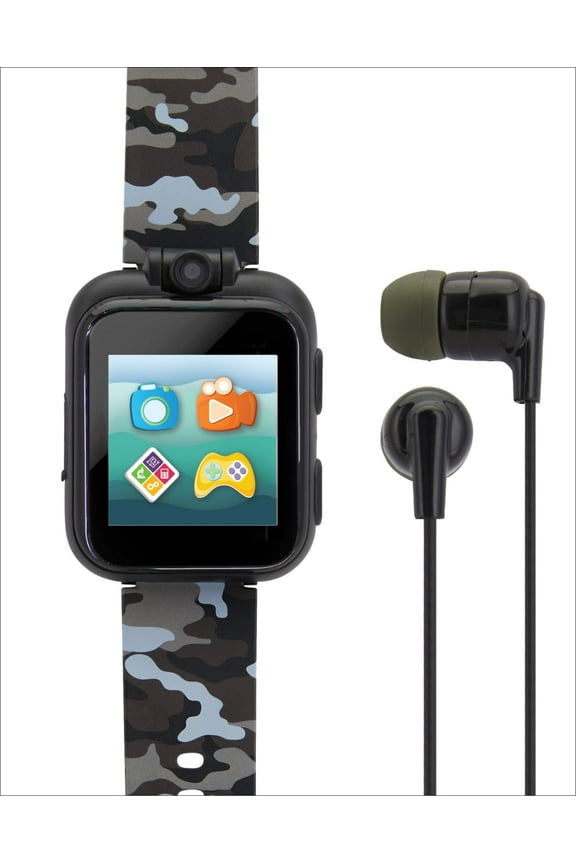 Children's Boys Smartwatch & Earbuds Set, Black/Grey Camouflage