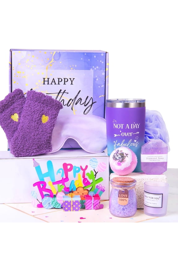 Deluxe Birthday Bliss Spa Gift Basket with Luxury Packaging, Purple, 9 Count