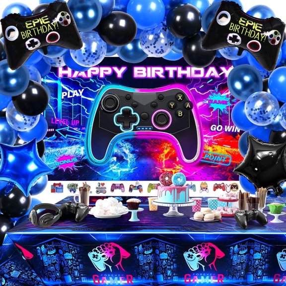 iTi Direct Video Game Birthday Party Decorations Supplies - 151PCS Gamer Birthday Decorations for Boys Including Happy Birthday Backdrop, Tablecloth, Balloons, Foil Balloons, Stickers