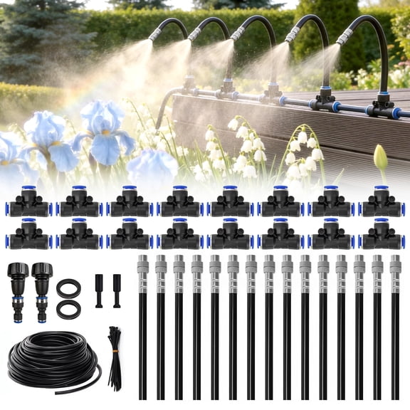 iToolMax 360° Adjustable Drip Irrigation System, 49FT Garden Watering System with 15 Nozzles, Water Sprinkler for Garden, Yard, Lawn, Greenhouse, Plants, Backyard Misting System